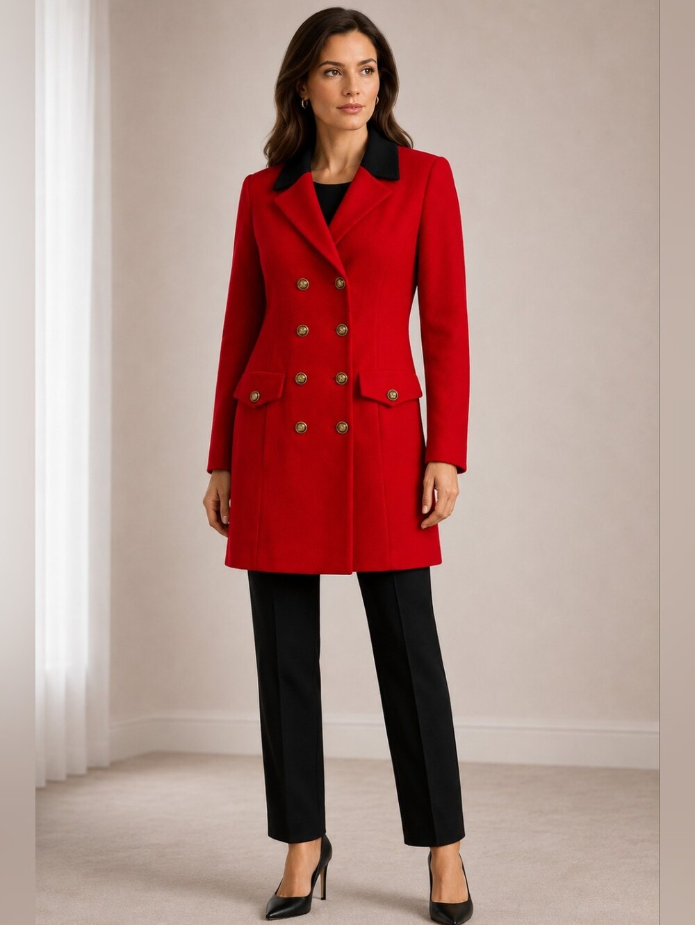 St John Collection Red Wool Blend Blazer Coat Gold Buttons